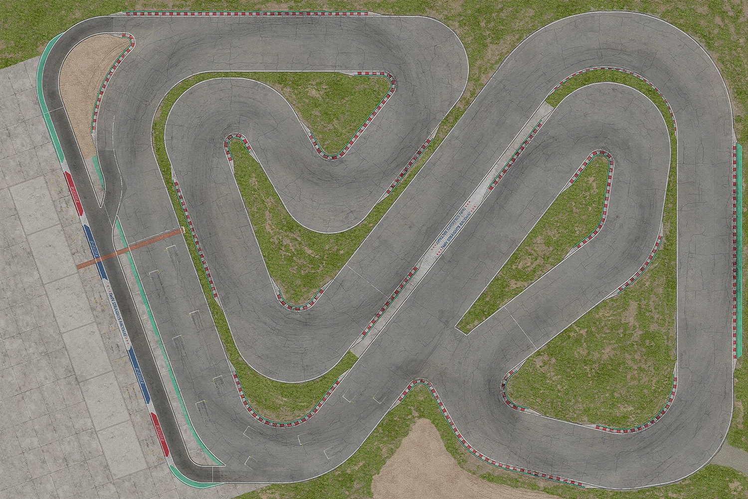 Eine Rennstrecke für DR!FT von Sturmkind. Twin Straights Raceway. Green Edition. Maß: 450 cm × 300 cm oder 400 cm × 300 cm